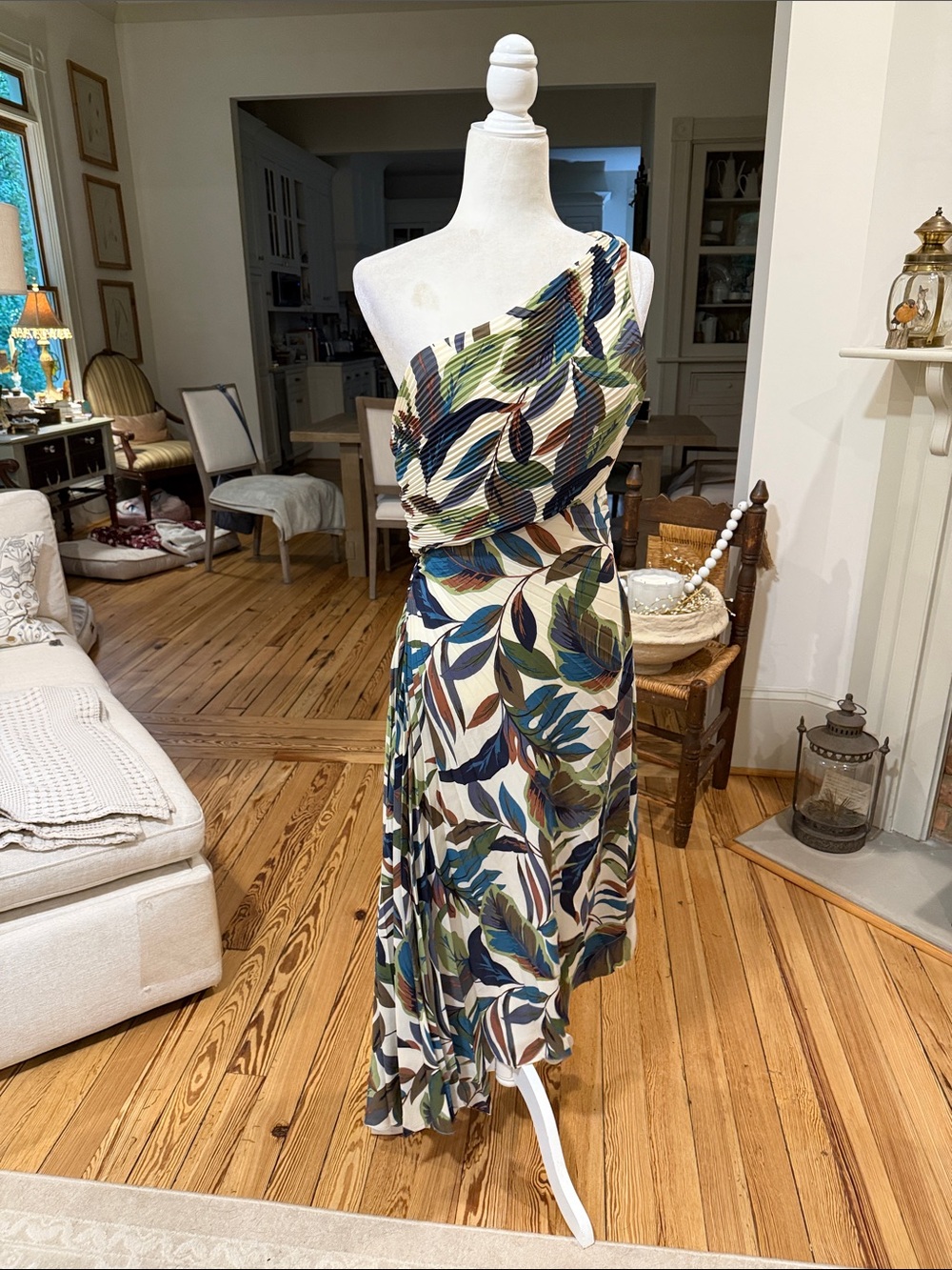 NWT Nicole Miller One-Shoulder Tropical Leaf Midi Dress Size 10 - Picture 3 of 11